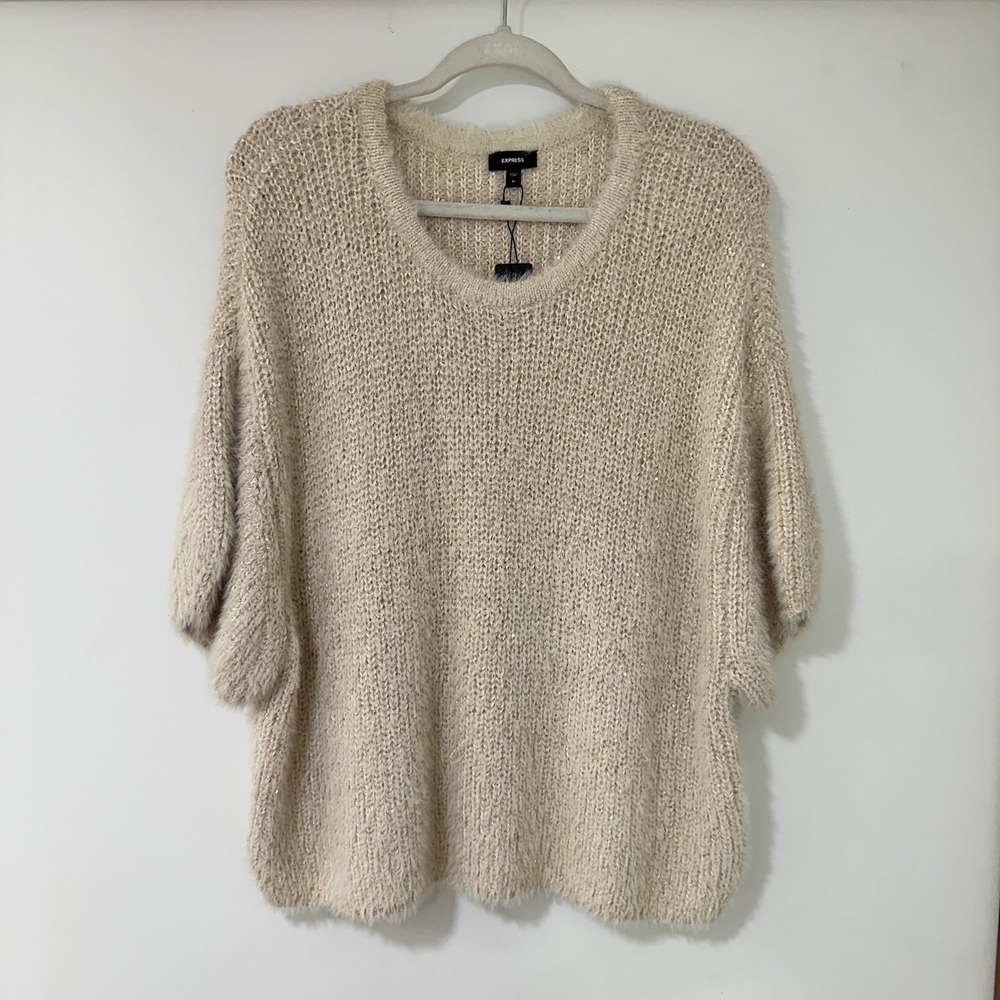 Express Sequin Eyelash Knit Sweater Womens XL Beige‎ Short Sleeve | Glam/Cozy